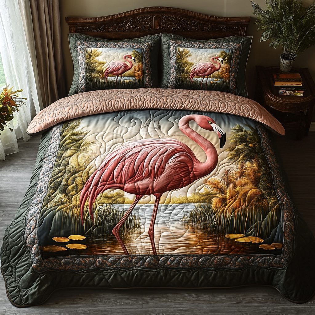 Camp Flamingo quilted 3-piece bedding set on a made bed with two matching pillow shams