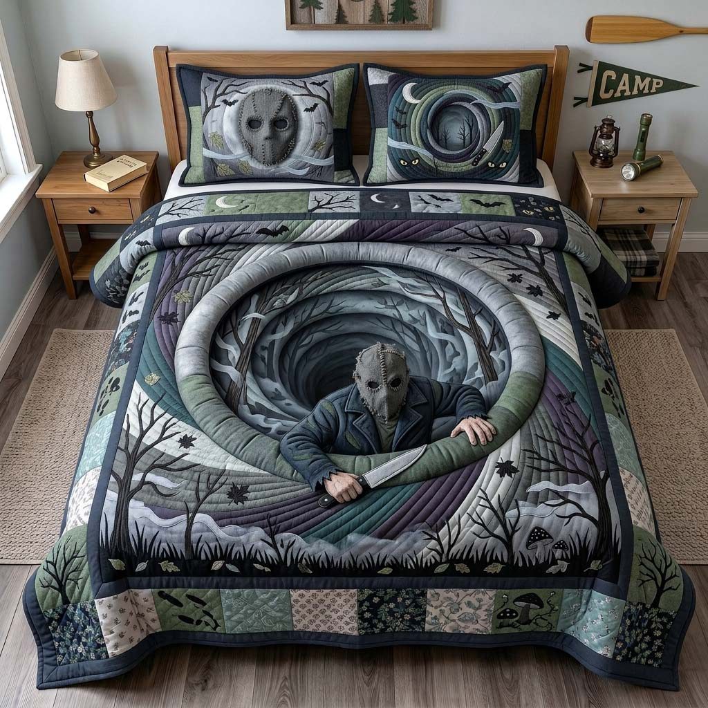 Camp Killer Vortex quilted 3-piece bedding set on a made bed with two matching pillow shams