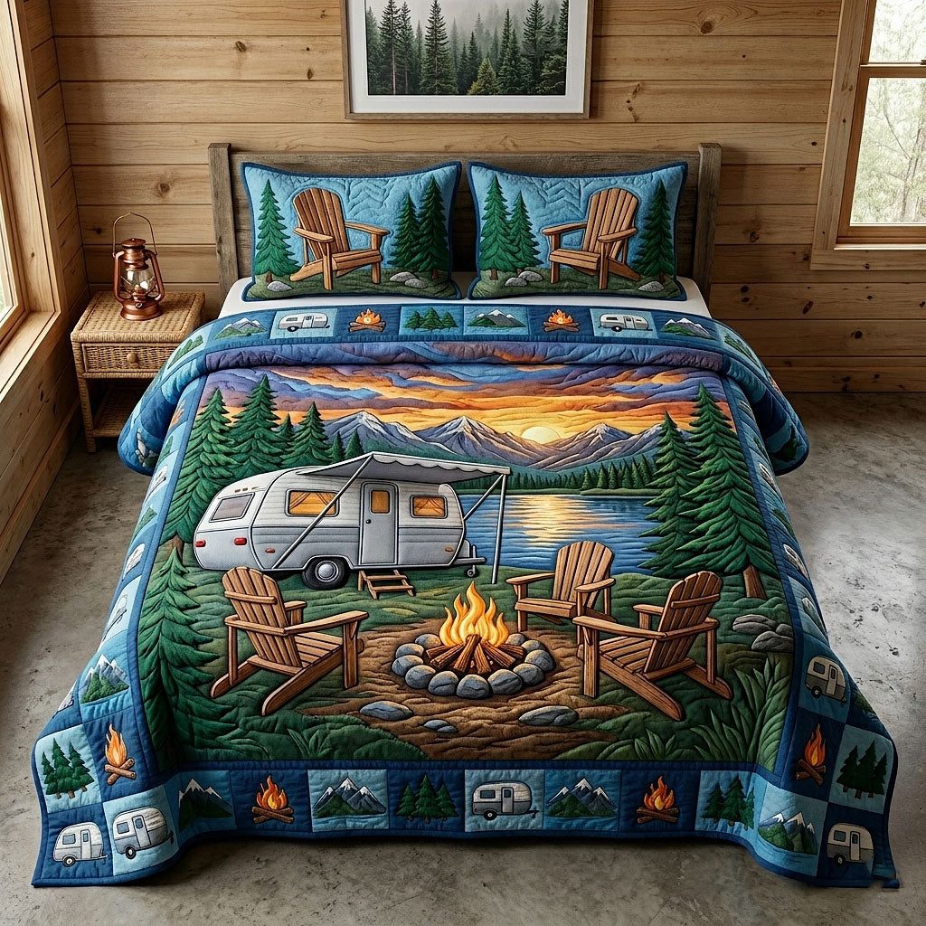 Camp Life quilted 3-piece bedding set on a made bed with two matching pillow shams