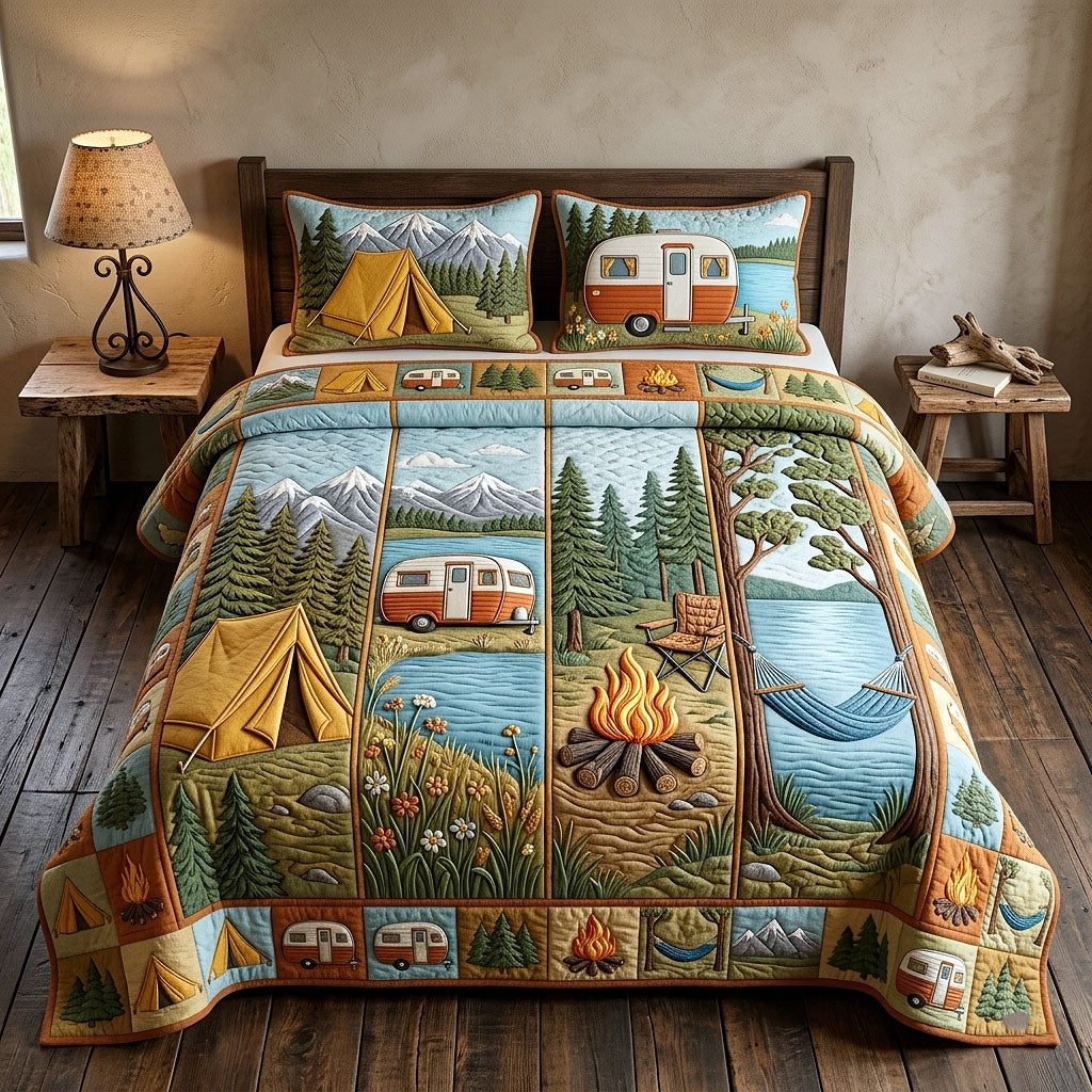 Camp Life quilted 3-piece bedding set on a made bed with two matching pillow shams