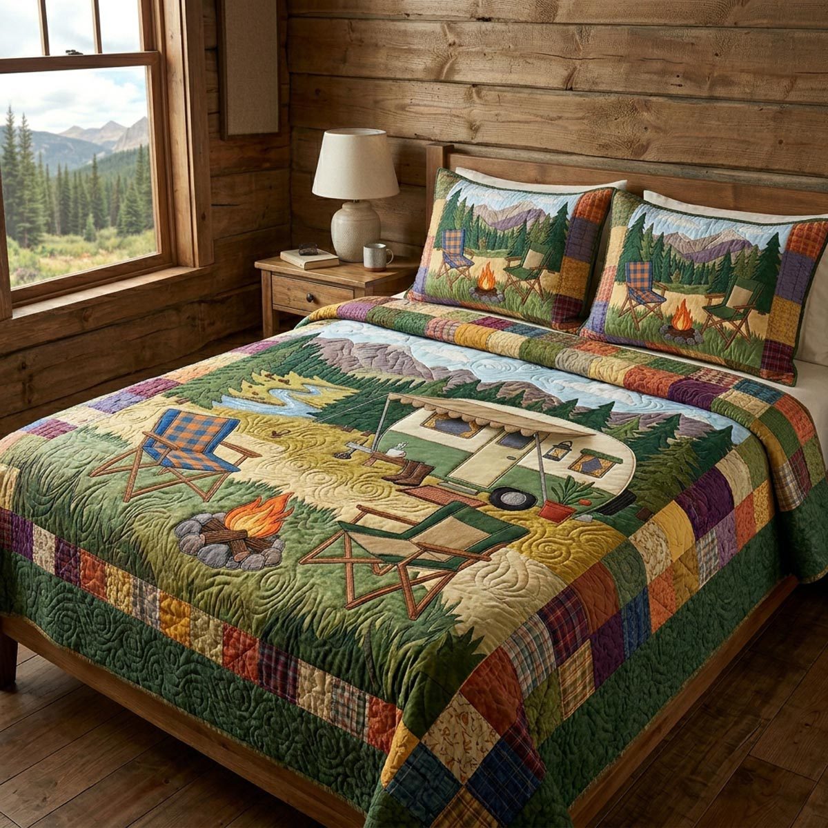 Camp Life quilted 3-piece bedding set on a made bed with two matching pillow shams