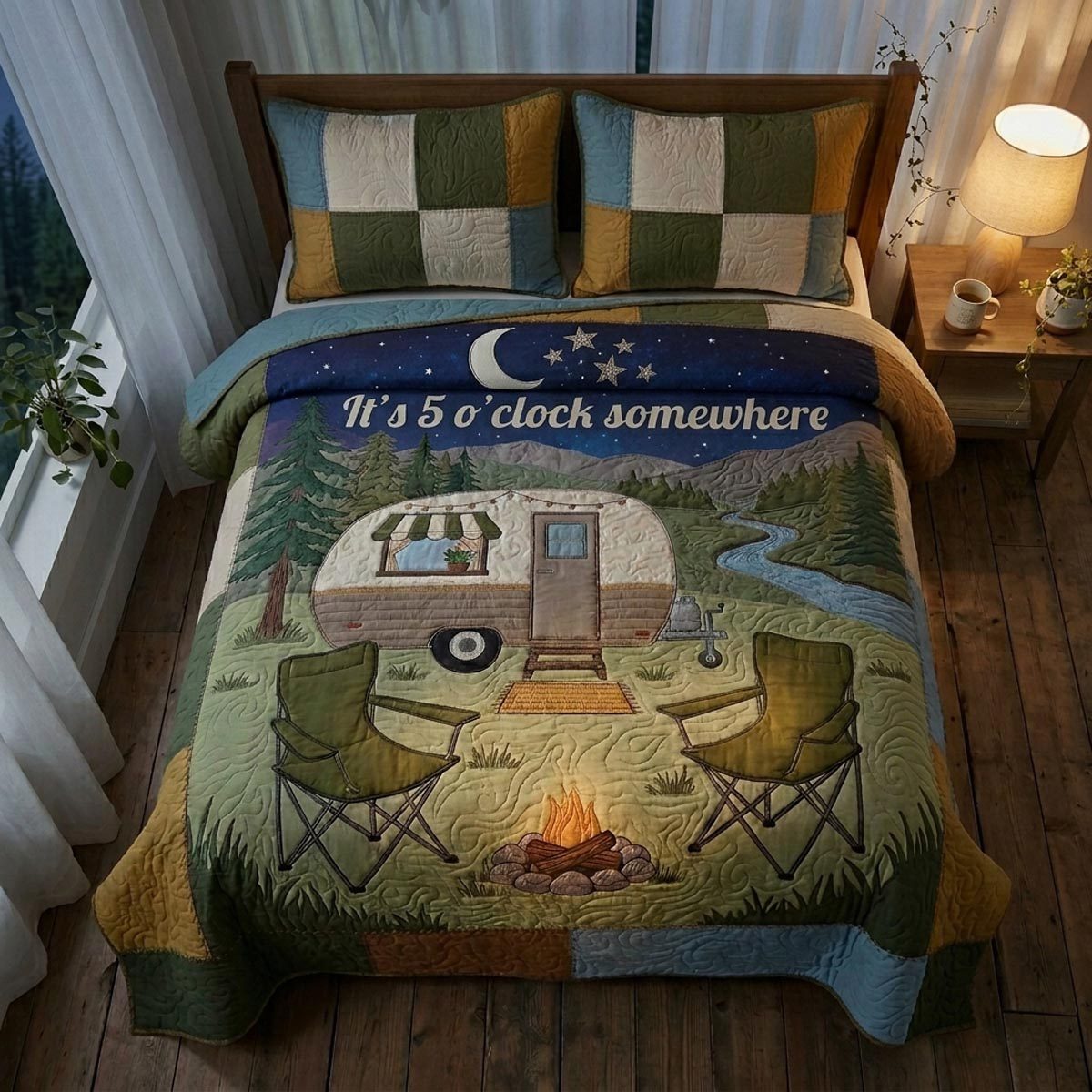 Camp Moments quilted 3-piece bedding set on a made bed with two matching pillow shams