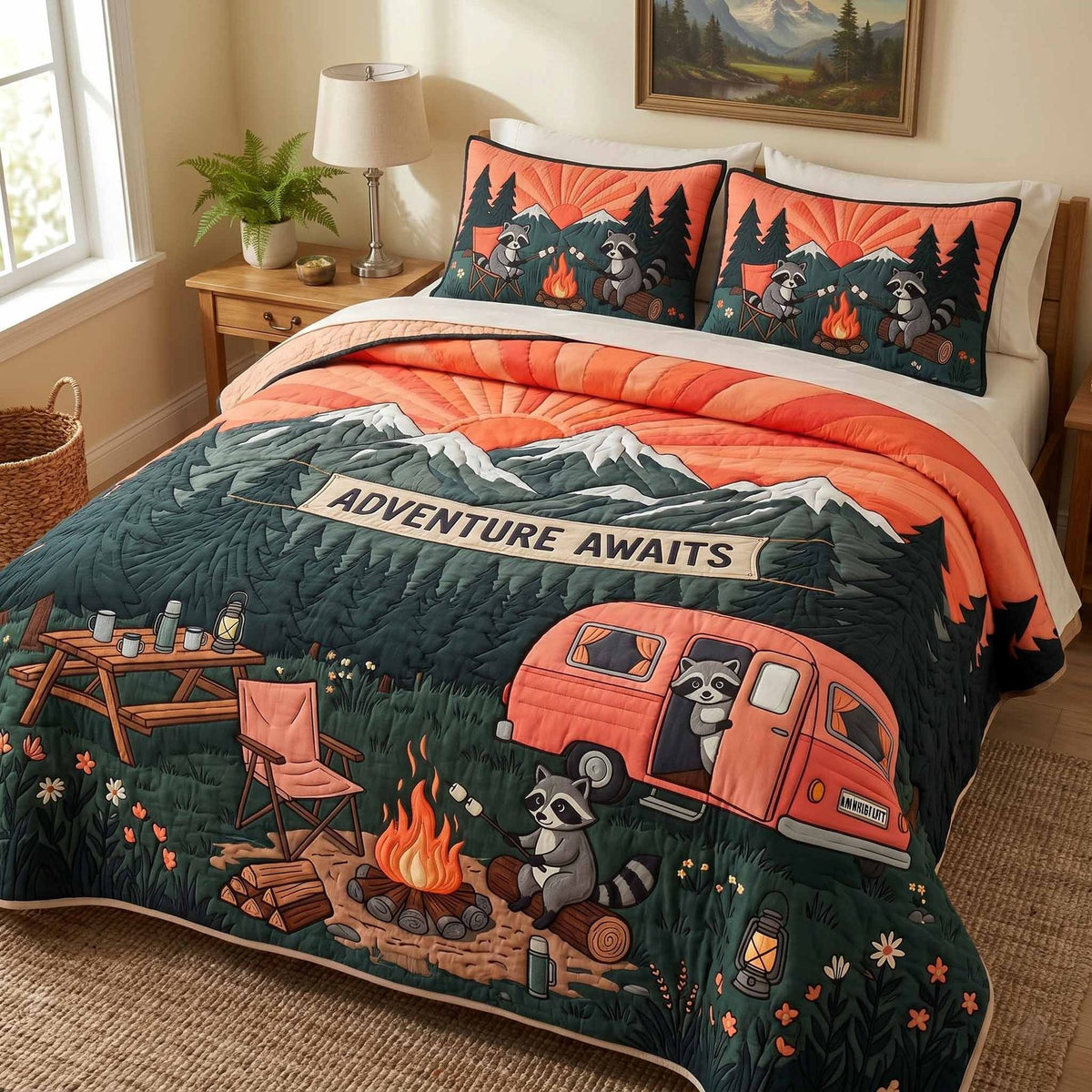 Camp Morning quilted 3-piece bedding set on a made bed with two matching pillow shams