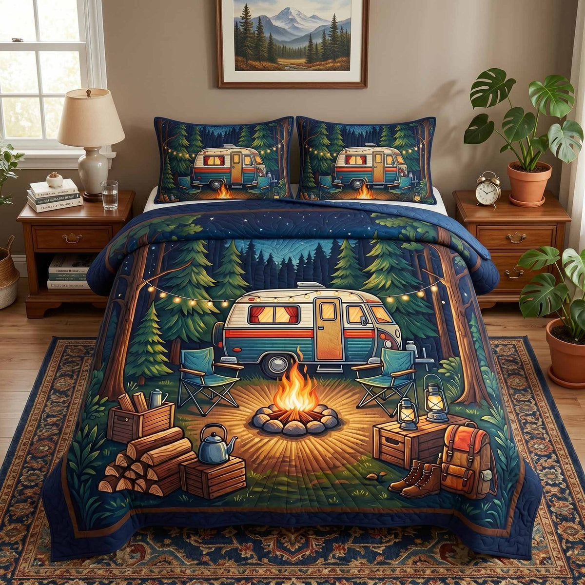 Camp Night quilted 3-piece bedding set on a made bed with two matching pillow shams