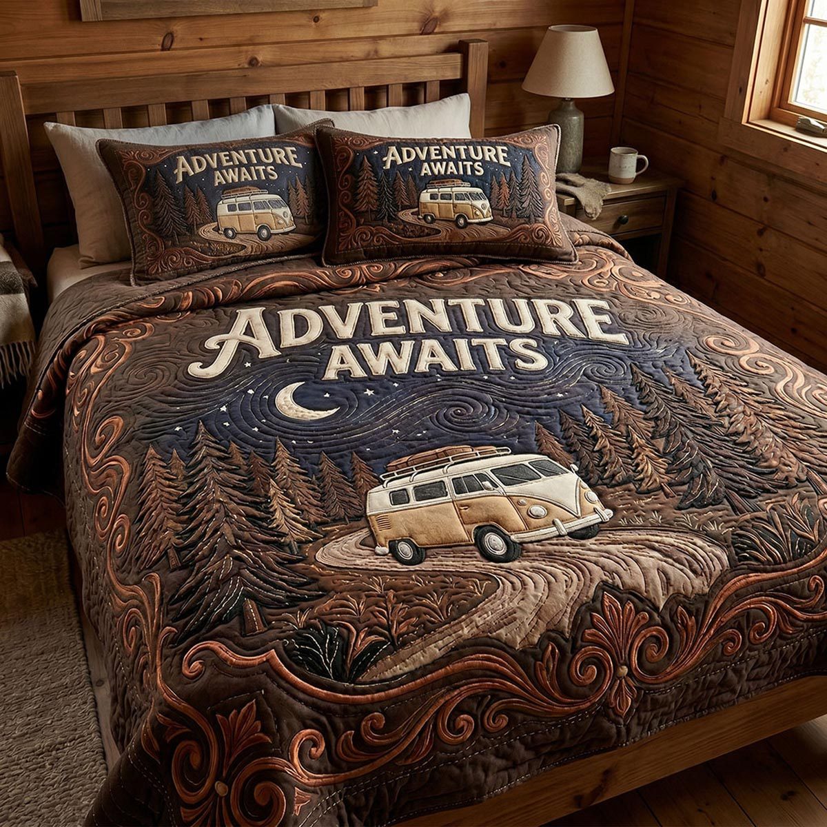 Camp Retreat quilted 3-piece bedding set on a made bed with two matching pillow shams