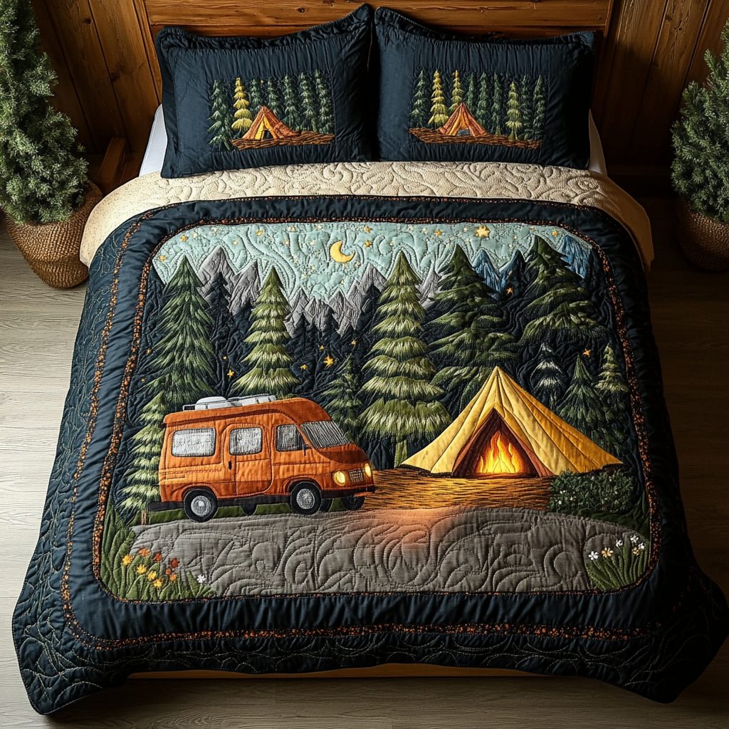 Camp Road quilted 3-piece bedding set on a made bed with two matching pillow shams