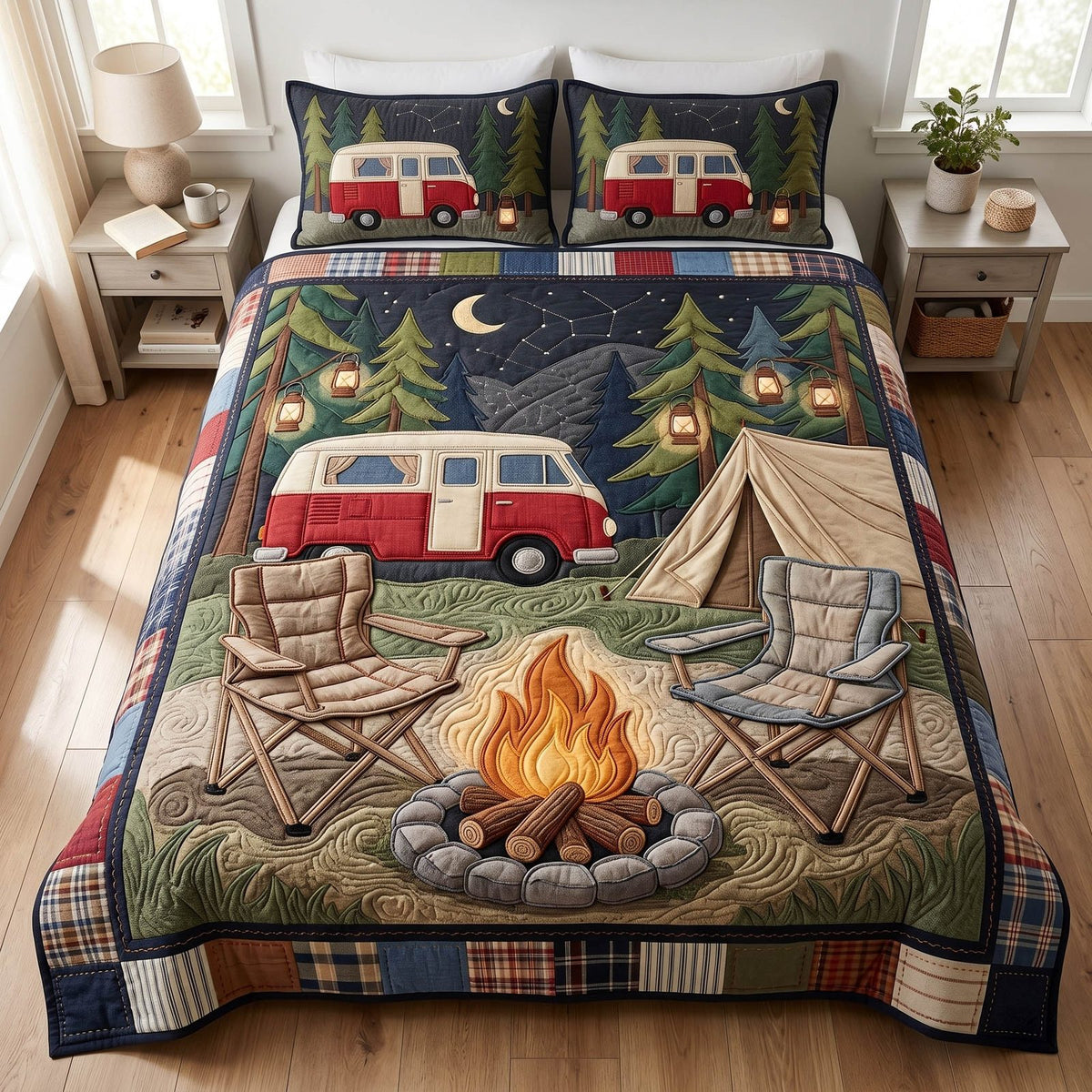 Camp Together quilted 3-piece bedding set on a made bed with two matching pillow shams