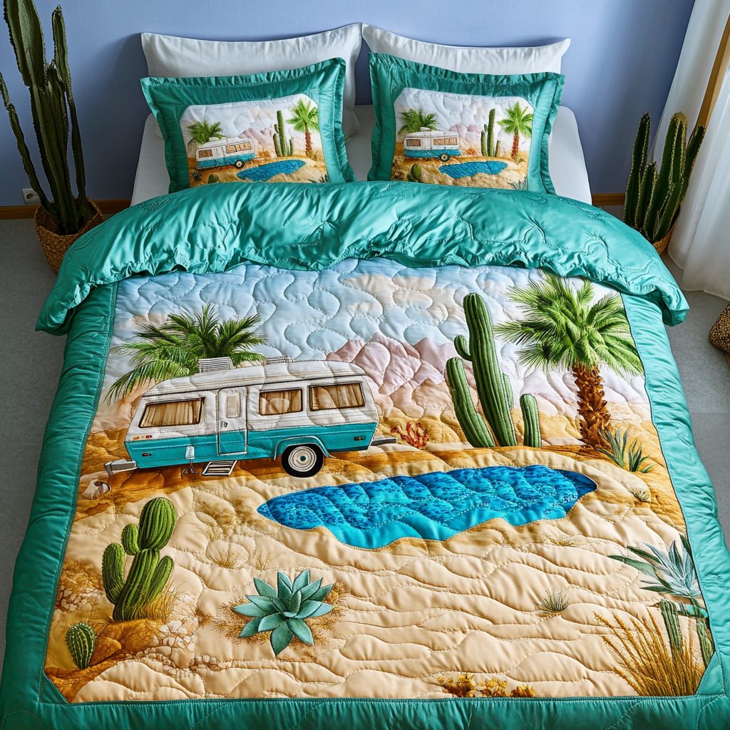 Camper Calm quilted 3-piece bedding set on a made bed with two matching pillow shams