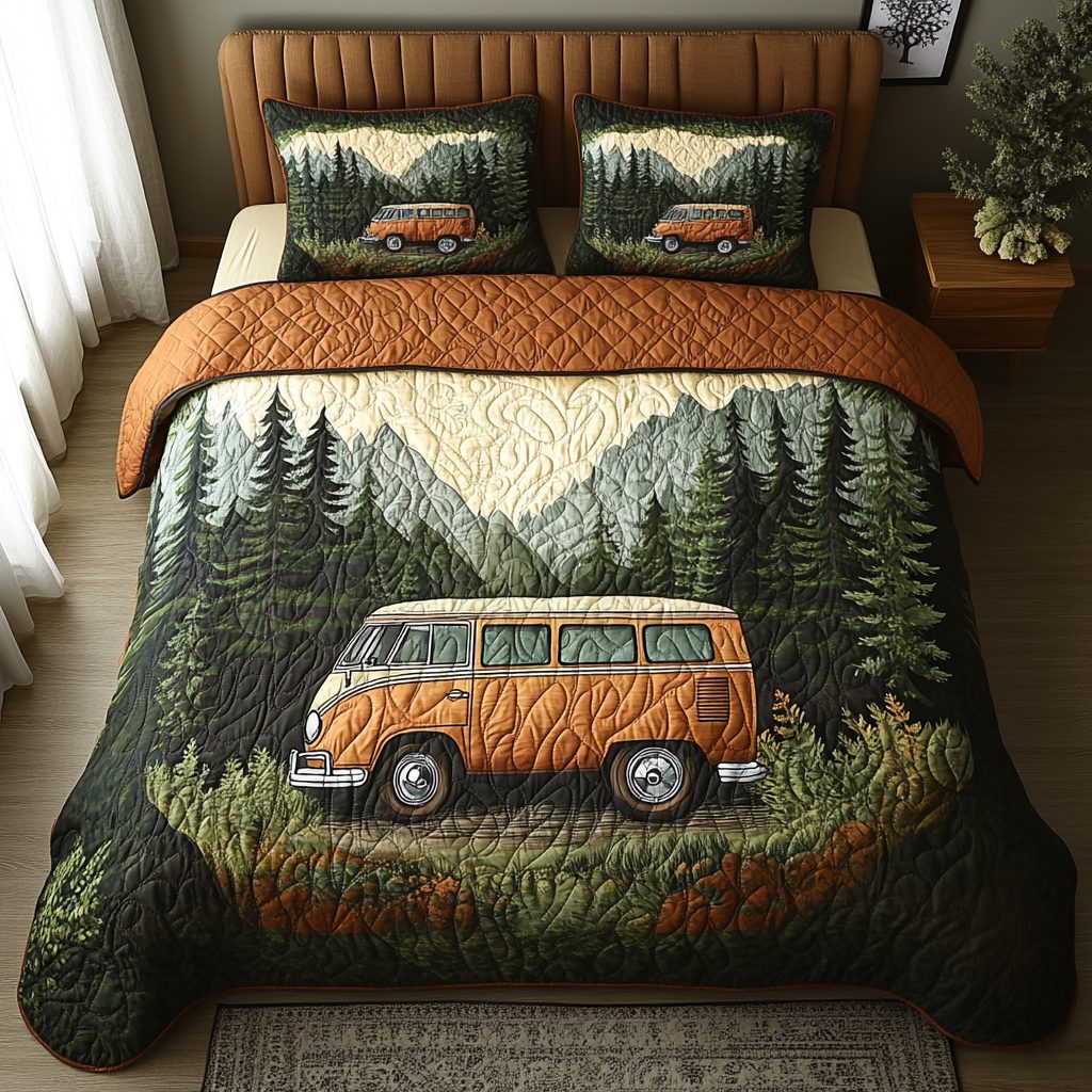 Camper Dreams quilted 3-piece bedding set on a made bed with two matching pillow shams