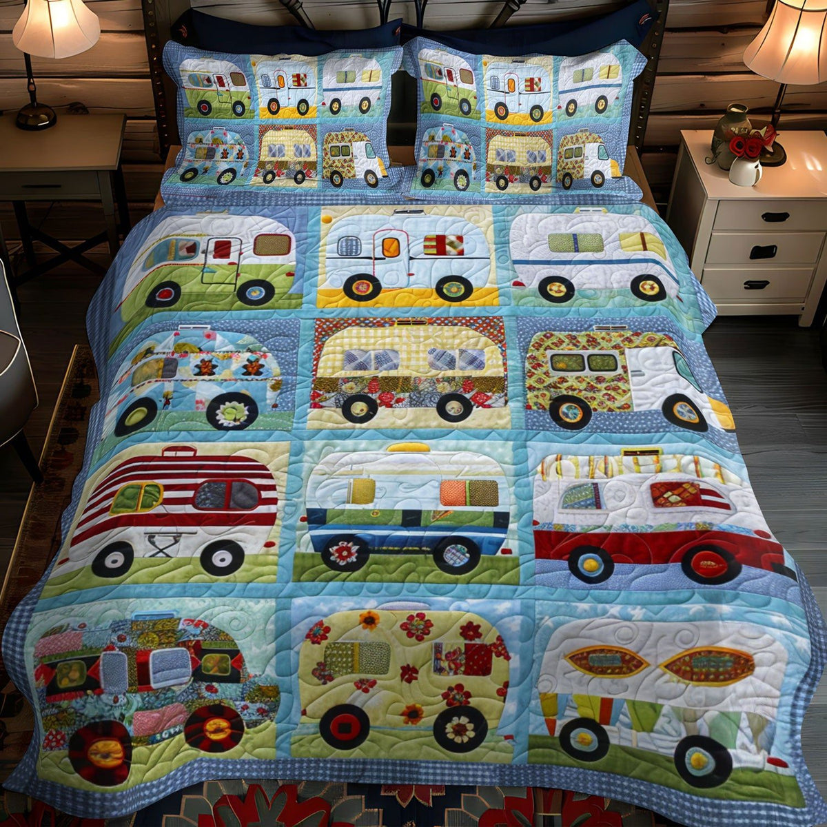 Camper Getaway quilted 3-piece bedding set on a made bed with two matching pillow shams