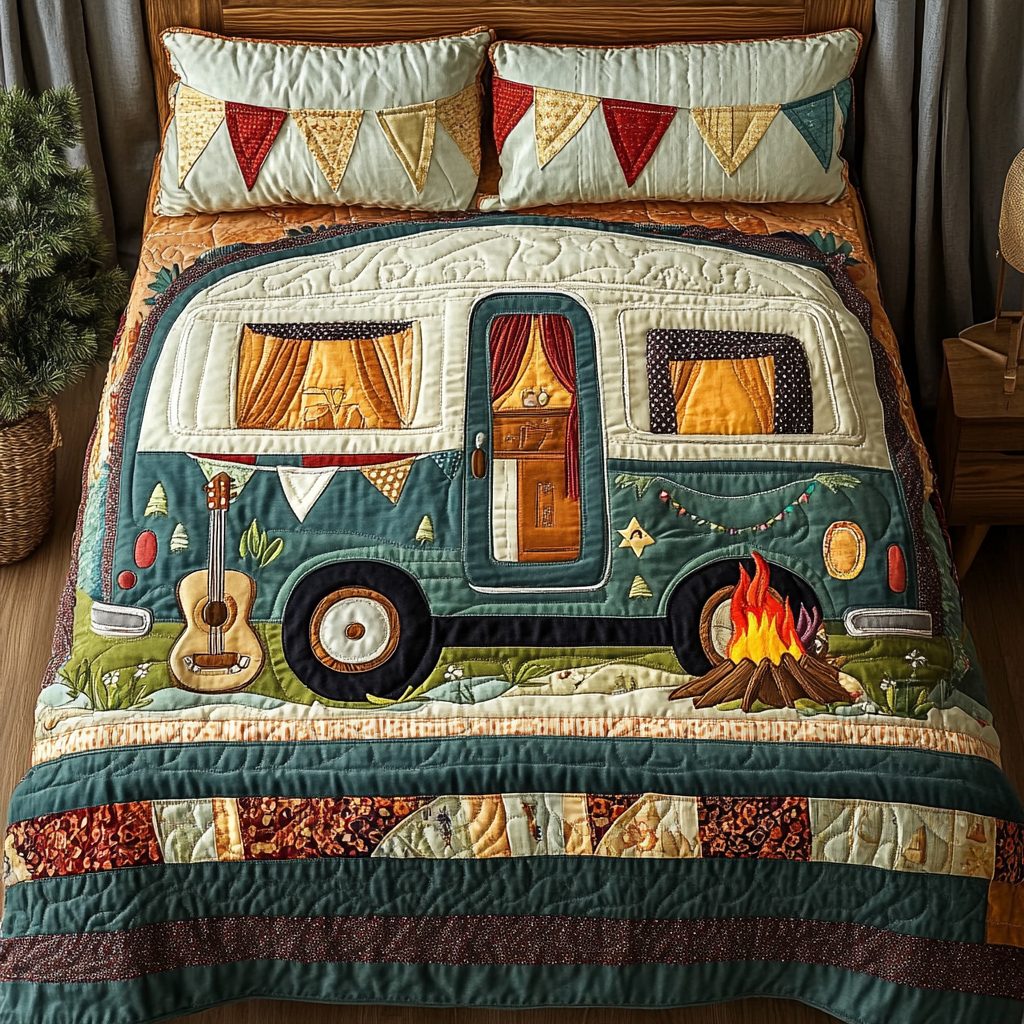 Camper Journey quilted 3-piece bedding set on a made bed with two matching pillow shams