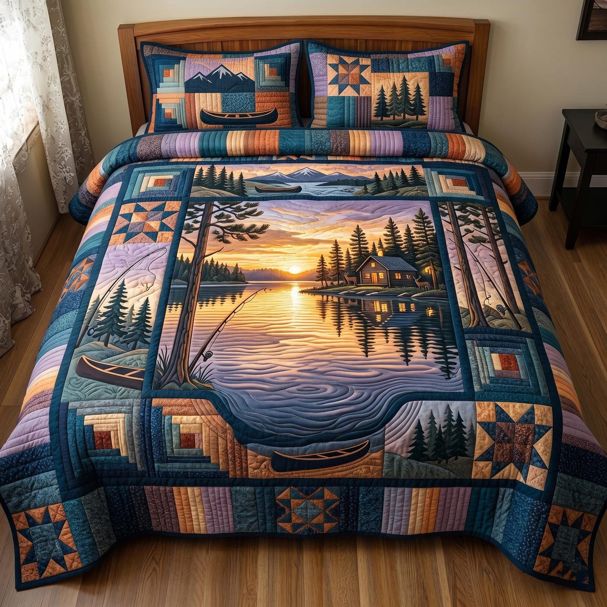 Camper Life quilted 3-piece bedding set on a made bed with two matching pillow shams