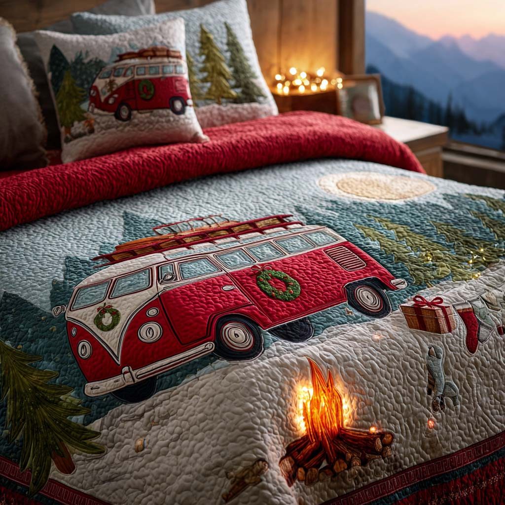 Campfire Christmas quilted 3-piece bedding set on a made bed in a winter-styled bedroom