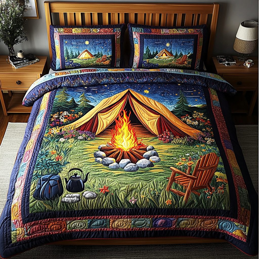 Campfire Dream quilted 3-piece bedding set on a made bed with two matching pillow shams