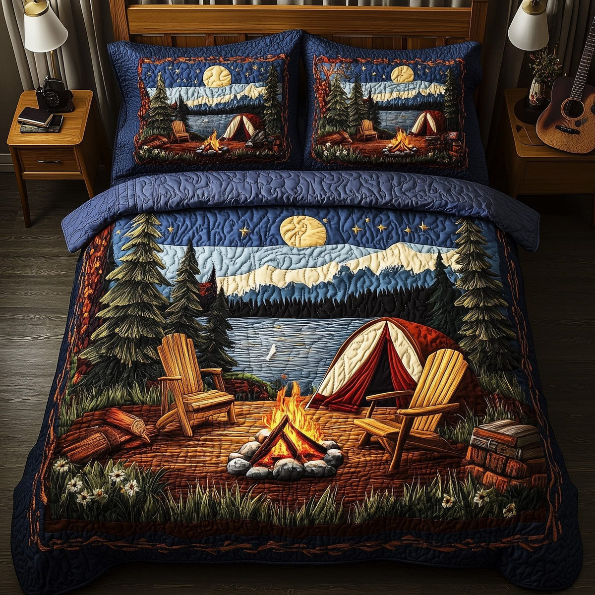 Campfire Dreams quilted 3-piece bedding set on a made bed with two matching pillow shams