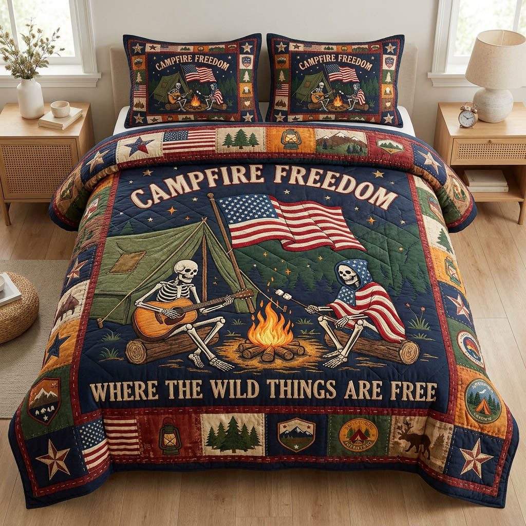 Campfire Freedom quilted 3-piece bedding set on a made bed in a warmly lit bedroom