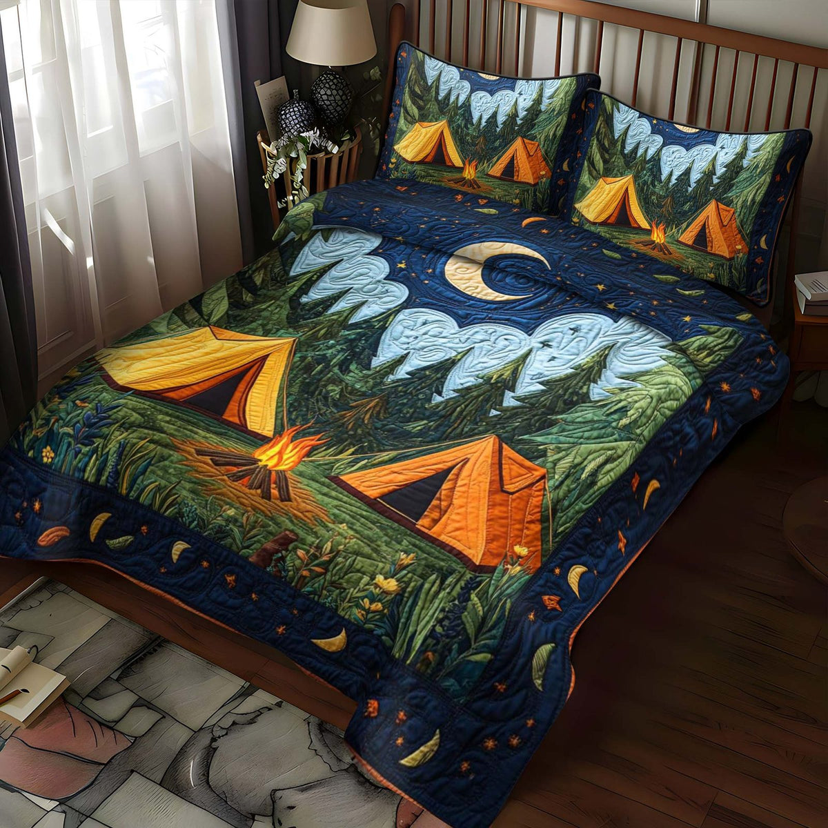 Campfire Glow quilted 3-piece bedding set on a made bed with two matching pillow shams