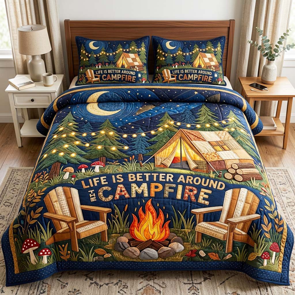 Campfire Nights quilted 3-piece bedding set on a made bed with two matching pillow shams