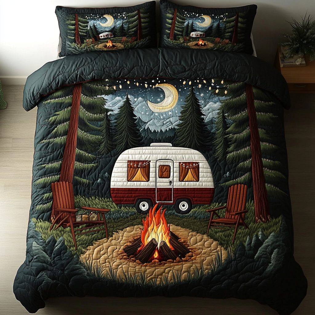 Campfire Nights quilted 3-piece bedding set on a made bed with two matching pillow shams
