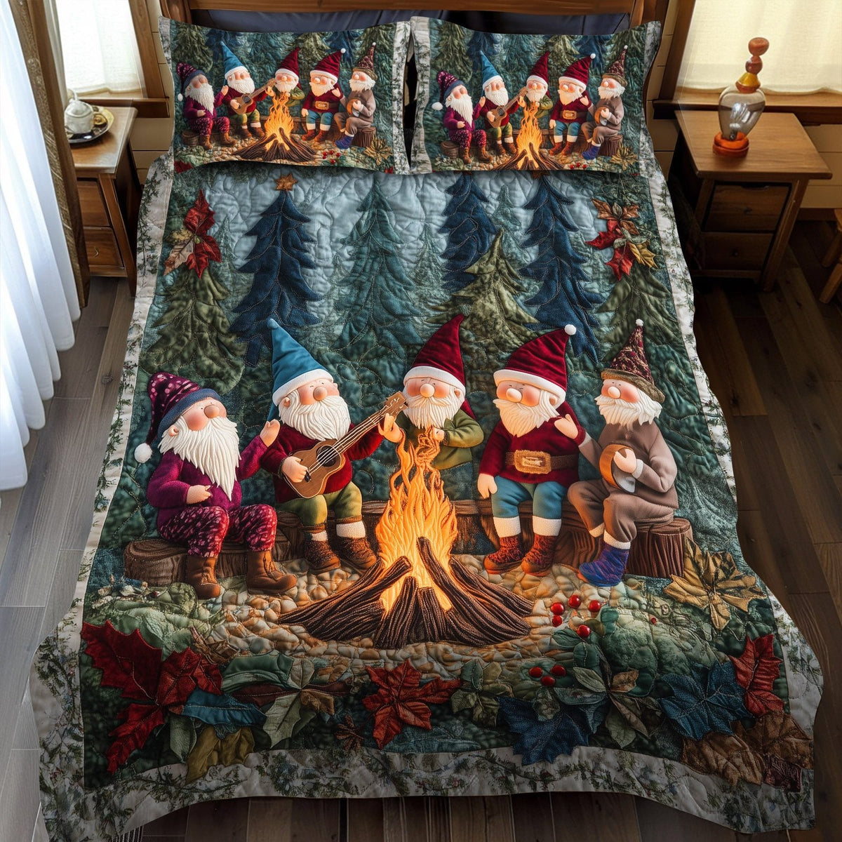 Campfire Serenade quilted 3-piece bedding set on a made bed with two matching pillow shams