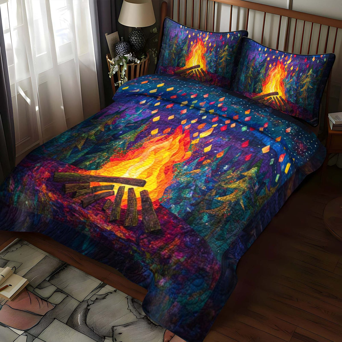 Campground Bliss quilted 3-piece bedding set on a made bed with two matching pillow shams