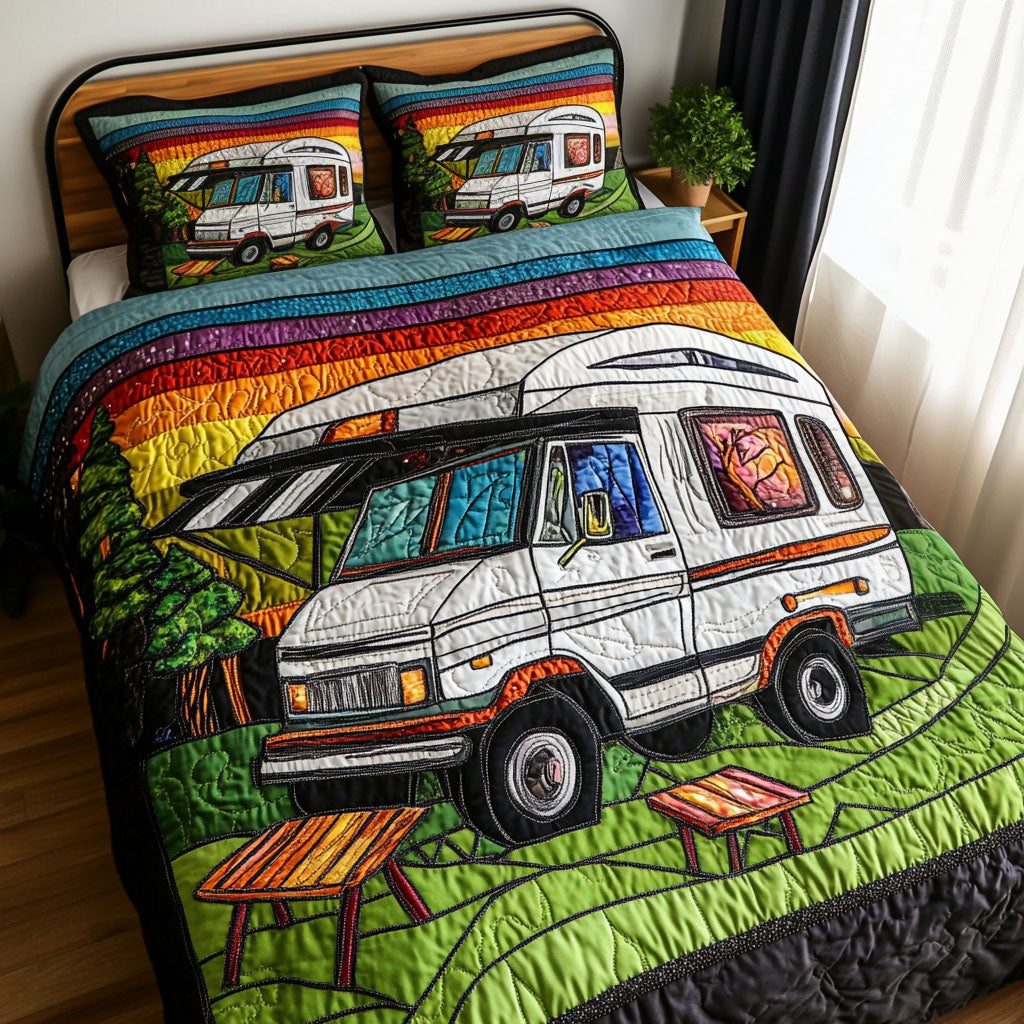 Campground Bliss quilted 3-piece bedding set on a made bed with two matching pillow shams