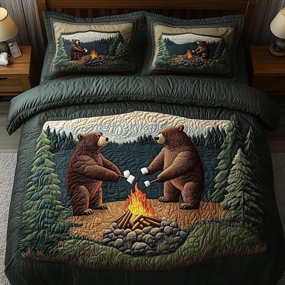 Camping Bear quilted 3-piece bedding set on a made bed with two matching pillow shams