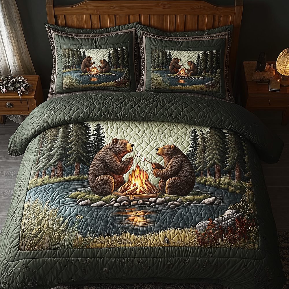 Camping Bear quilted 3-piece bedding set on a made bed with two matching pillow shams