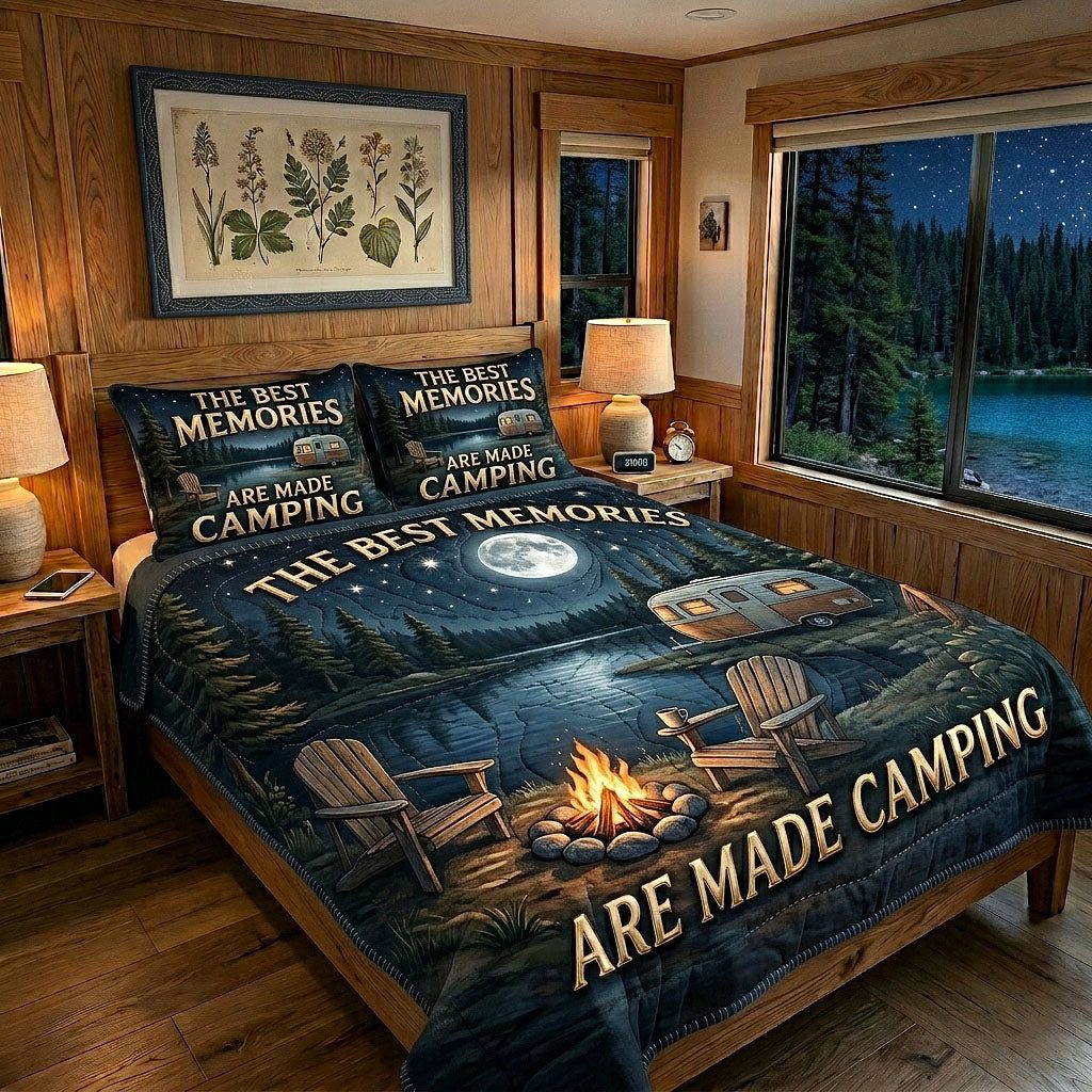 Camping Life quilted 3-piece bedding set on a made bed with two matching pillow shams