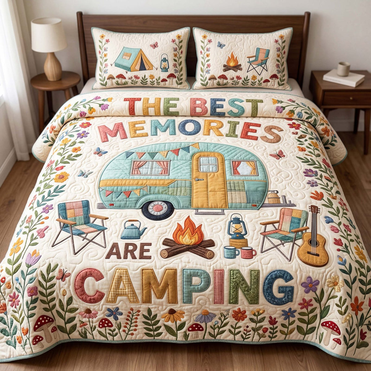 Camping Memories quilted 3-piece bedding set on a made bed with two matching pillow shams
