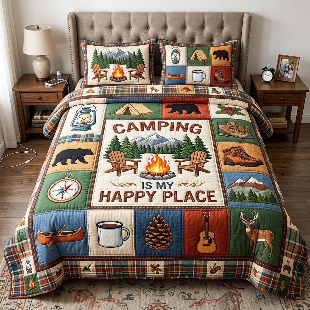 Camping Retreat quilted 3-piece bedding set on a made bed with two matching pillow shams