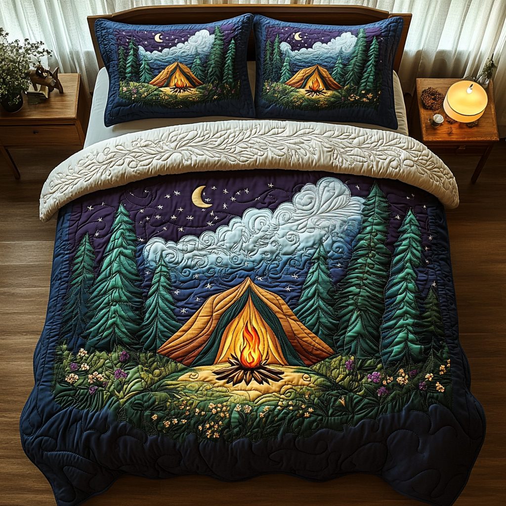 Camping Tent Forest Night quilted 3-piece bedding set on a made bed with two matching pillow shams
