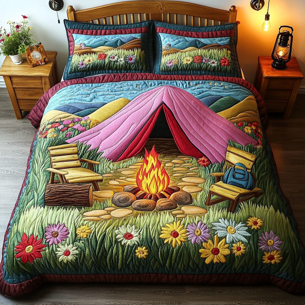 CampVibes quilted 3-piece bedding set on a made bed with two matching pillow shams