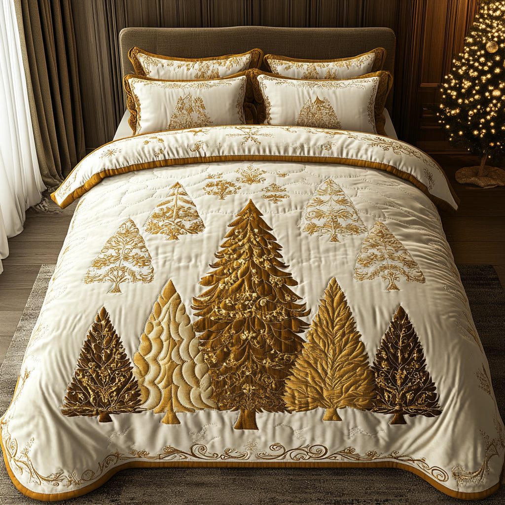 Candlelight Tree quilted 3-piece bedding set on a made bed with two matching pillow shams
