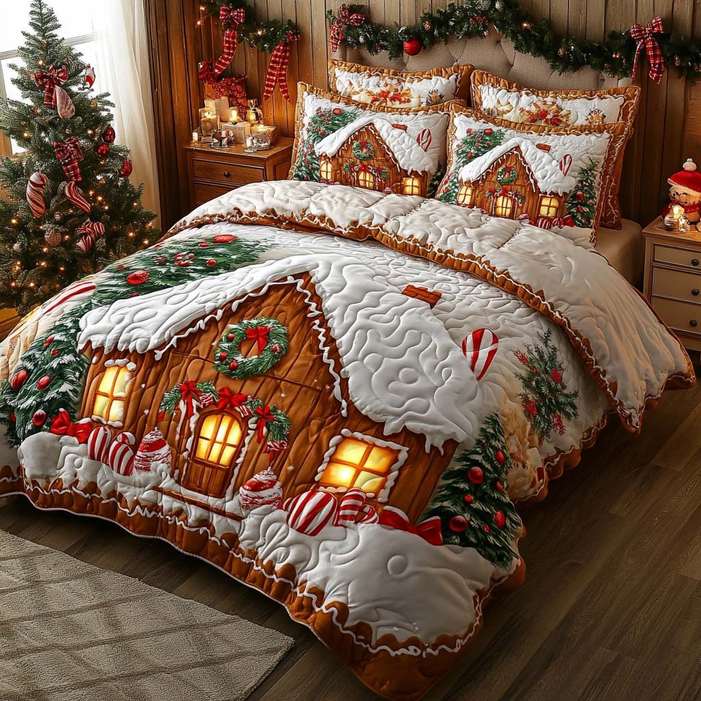 Candy Cane Cottage quilted 3-piece bedding set on a made bed in a farmhouse bedroom