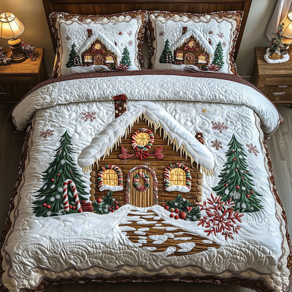 Candy Canes Cabin quilted 3-piece bedding set on a made bed with two matching pillow shams