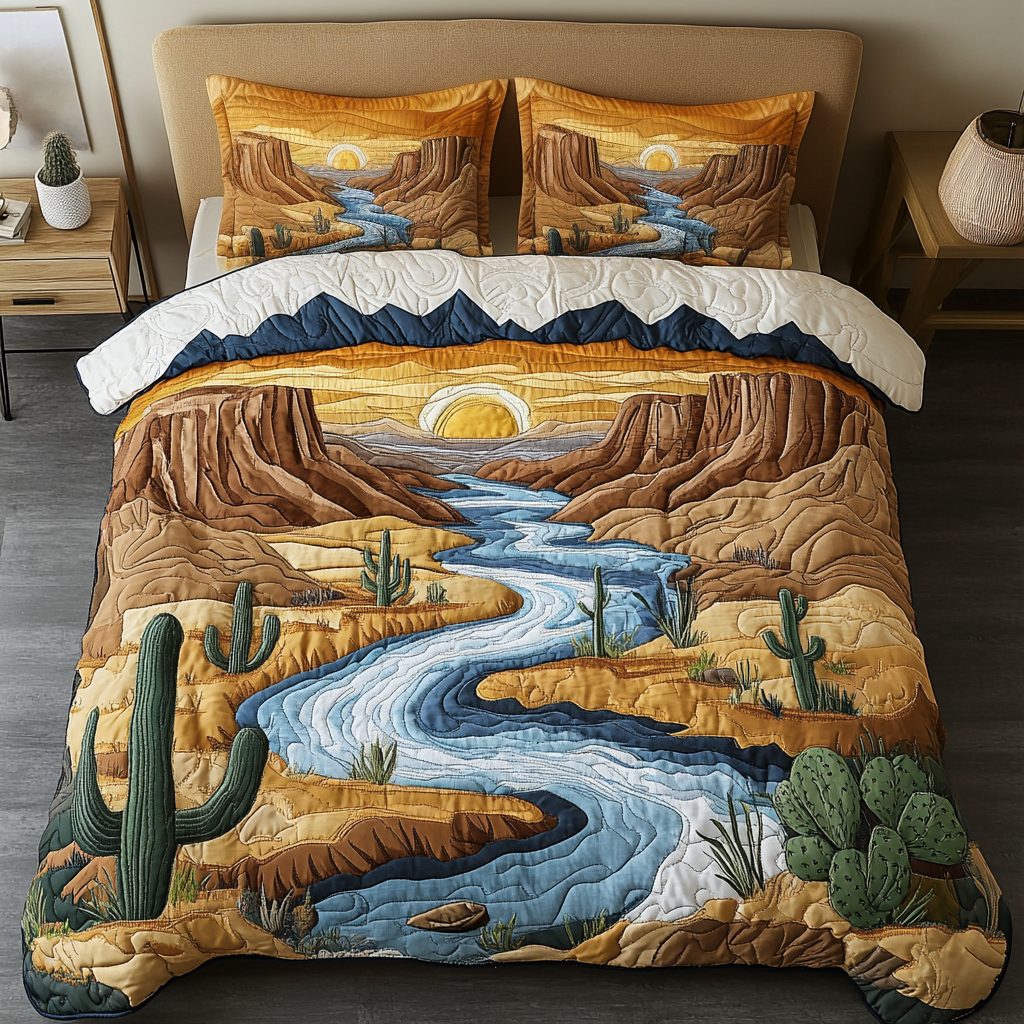 Canyon Bliss quilted 3-piece bedding set on a made bed with two matching pillow shams