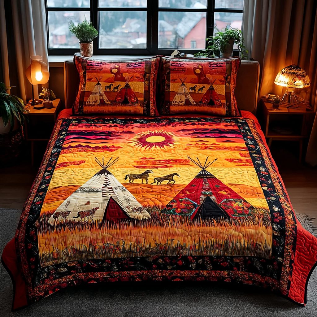 Canyon Dreaming quilted 3-piece bedding set on a made bed with two matching pillow shams