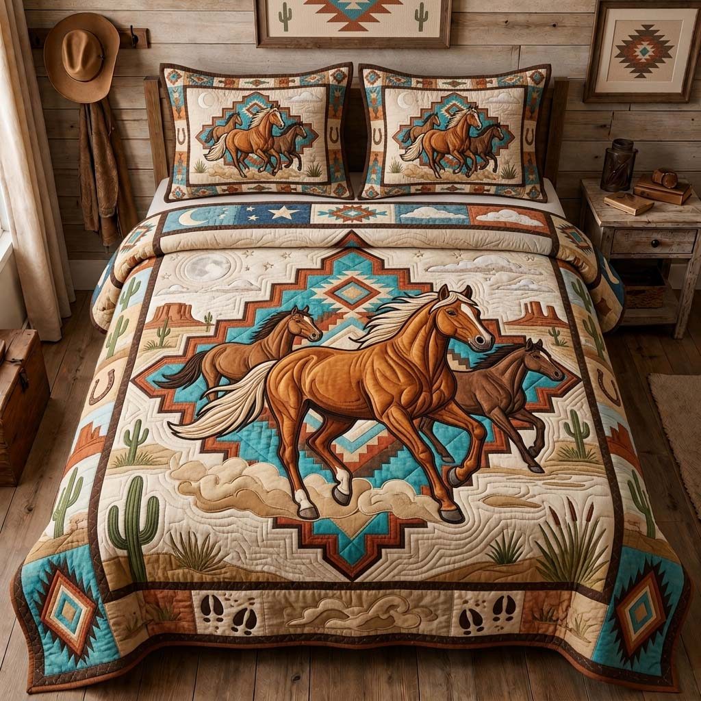 Canyon Horse Trio quilted 3-piece bedding set on a made bed in a rustic timber bedroom