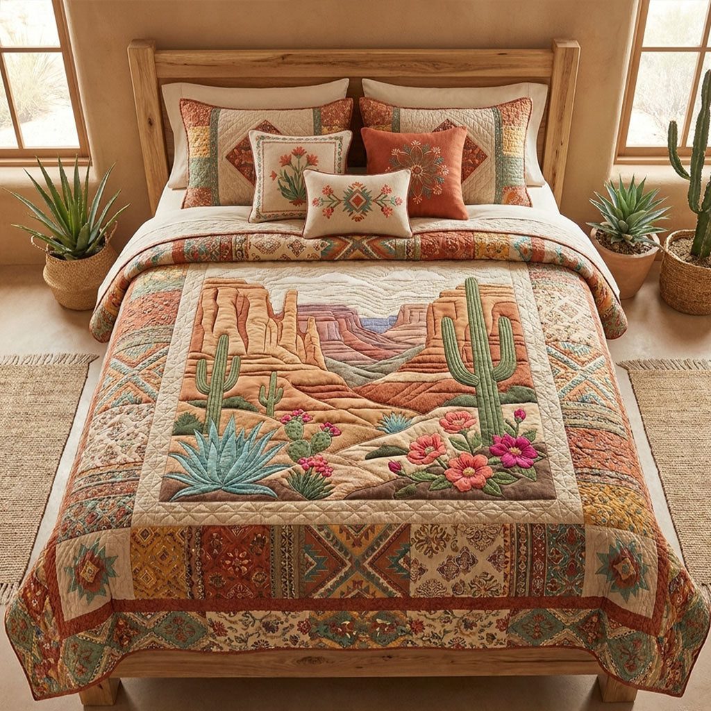 Canyon Light Symphony quilted 3-piece bedding set on a made bed with two matching pillow shams