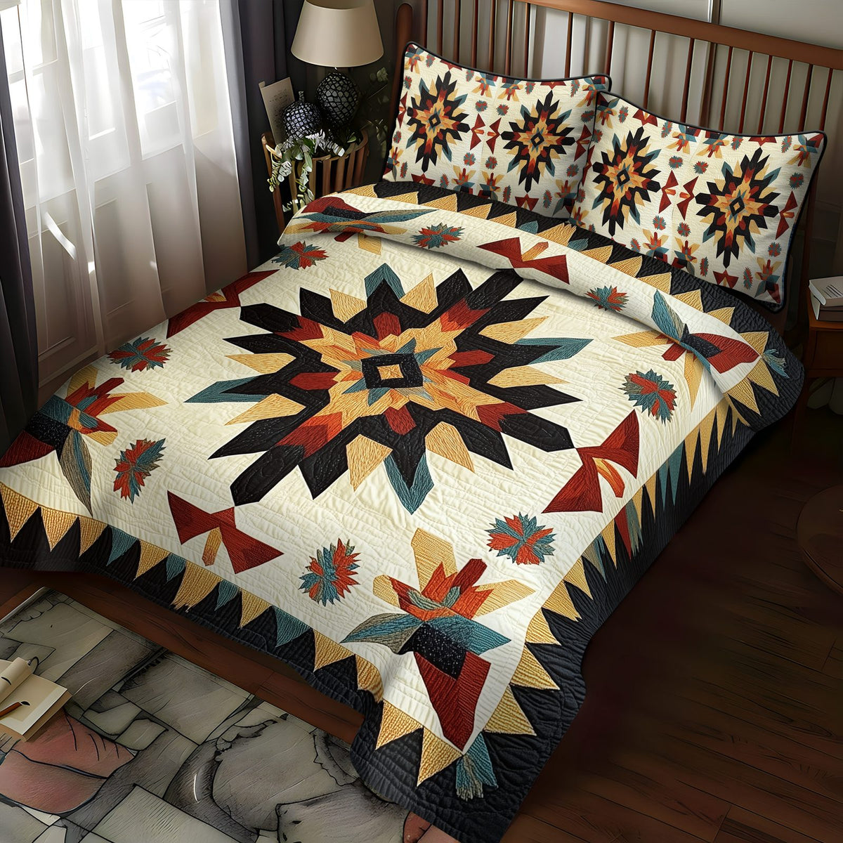 Canyon Sunrise quilted 3-piece bedding set on a made bed with two matching pillow shams