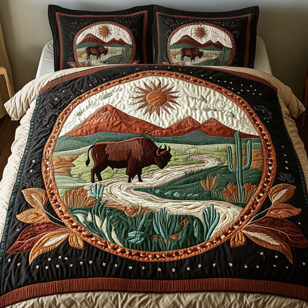 Canyon Trail quilted 3-piece bedding set on a made bed with two matching pillow shams