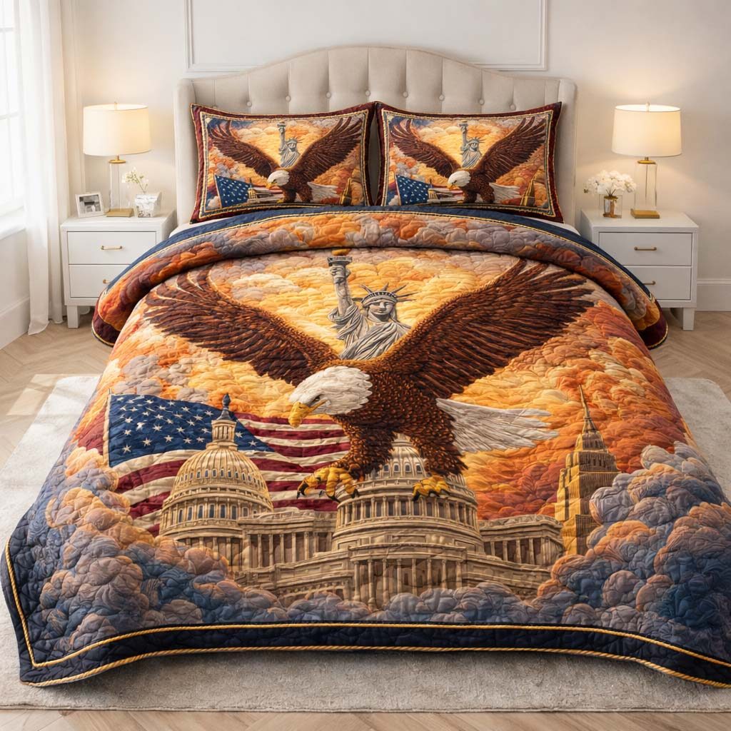 Capitol Majesty quilted 3-piece bedding set on a made bed with two matching pillow shams