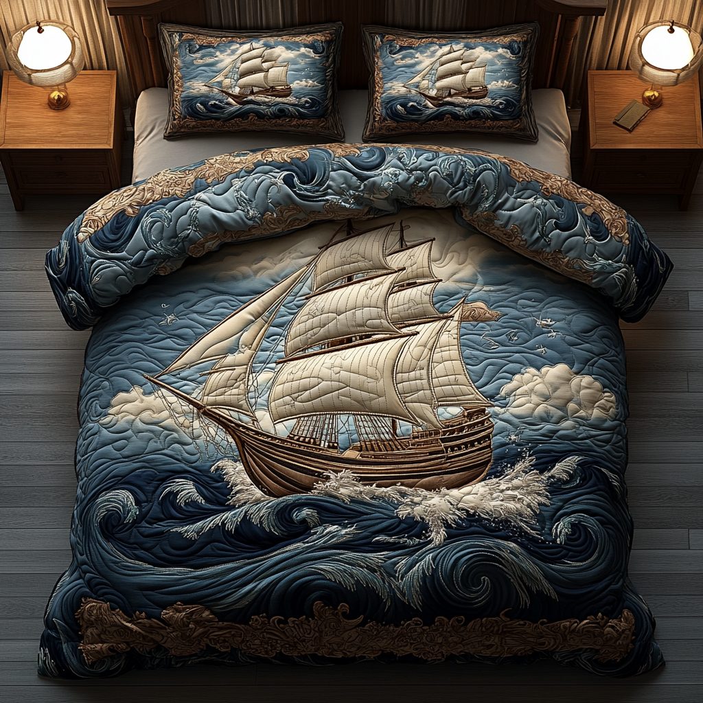 Captain Voyage quilted 3-piece bedding set on a made bed with two matching pillow shams