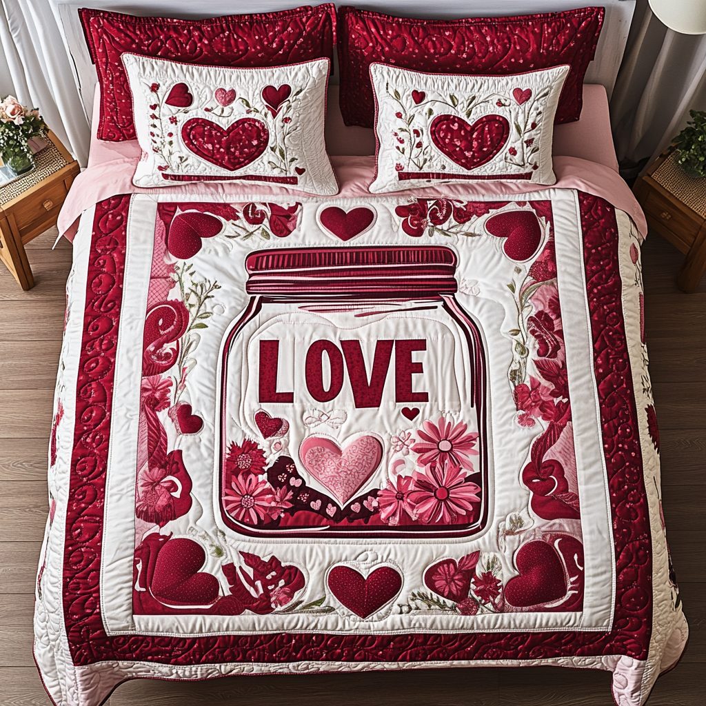 Captured Love quilted 3-piece bedding set on a made bed with two matching pillow shams