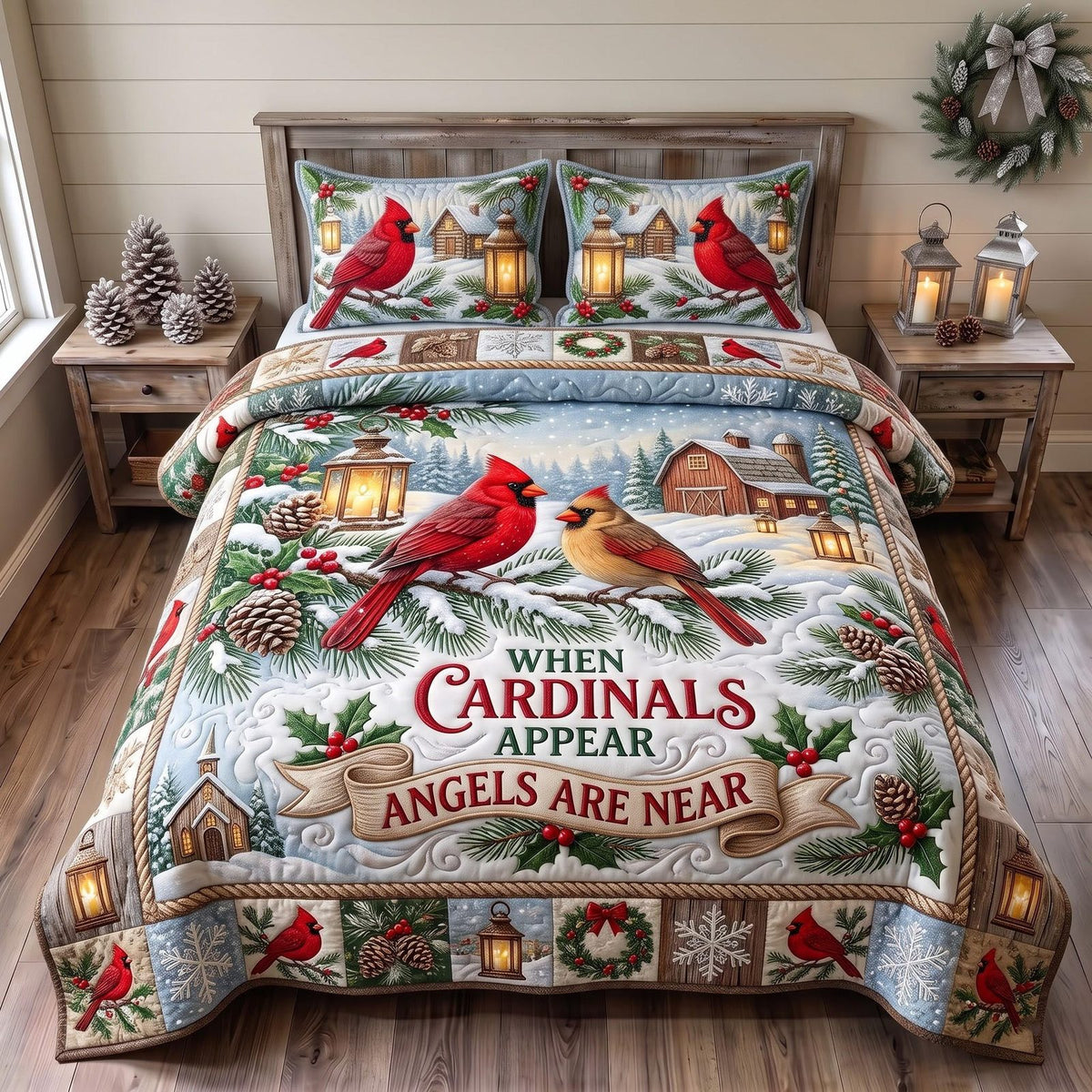 Cardinal Angels quilted 3-piece bedding set on a made bed in a softly lit bedroom