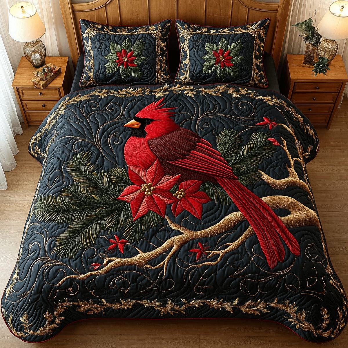Cardinal Beauty quilted 3-piece bedding set on a made bed with two matching pillow shams
