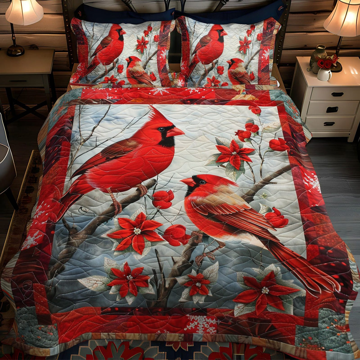 Cardinal Bird quilted 3-piece bedding set on a made bed with two matching pillow shams