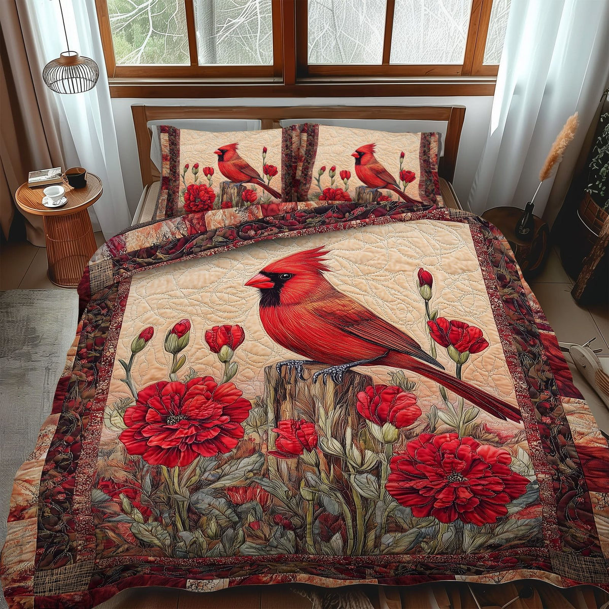 Cardinal Bloom quilted 3-piece bedding set on a made bed with two matching pillow shams