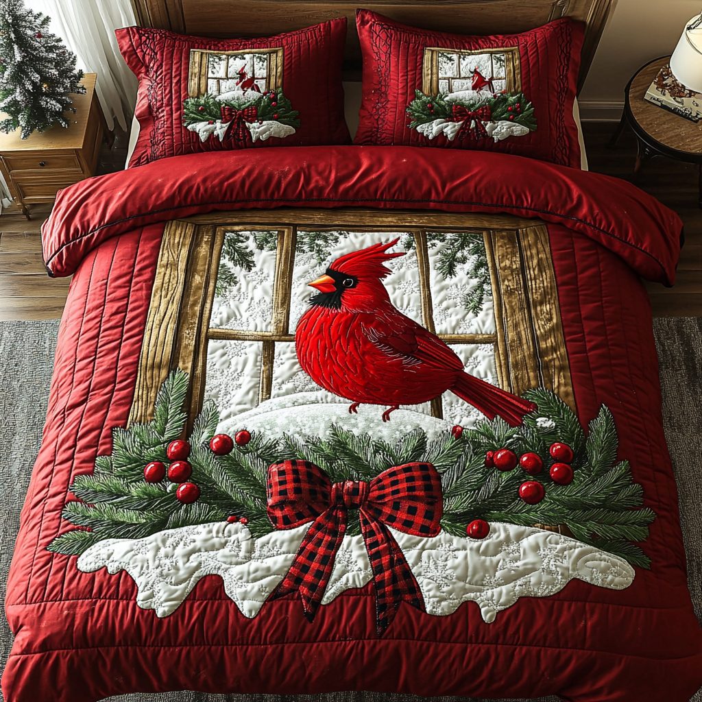 Cardinal Charm quilted 3-piece bedding set on a made bed with two matching pillow shams